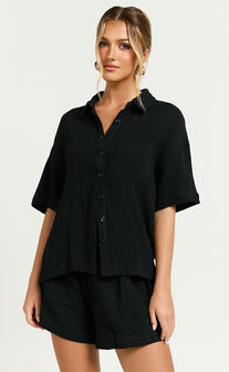 Donita Top - Button Up Shirt Top in Black