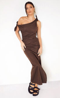 Cincinnati Midi Dress - Off The Shoulder Side Split Column Linen Look Dress in Chocolate