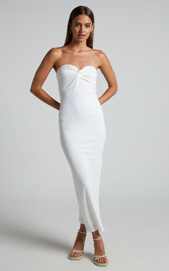 Aravis Midi Dress - Twist Front Strapless Ribbed Bodycon Dress in White