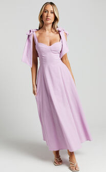 Tymia Midi Dress - Shoulder Tie Bustier Shirred Back A Line in Lavender