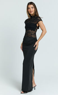 Ellen Maxi Dress - Lace Square Neck Contrast Skirt Dress in Black