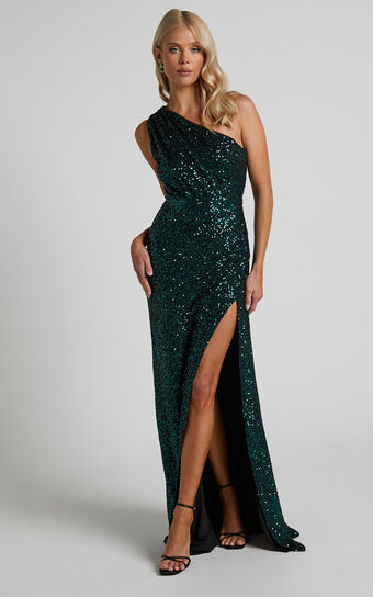 Jemmah Maxi Dress - One Shoulder Gathered Thigh Split Dress in Emerald Sequin