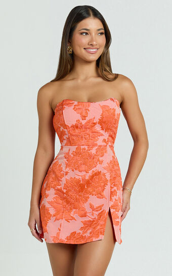 Brailey Mini Dress - Strapless Dress in Orange Jacquard