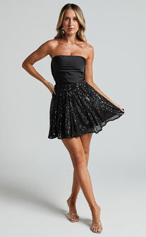 Aurelie Mini Skirt - Elasticated Sequin Skater Skirt in Black