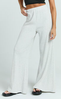 Amalthea Pants - High Waisted Jersey Rib Wide Leg Pants in Light Grey Marl