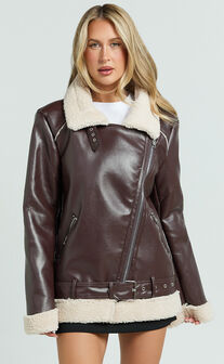 Claudette Jacket - Faux Leather Shearling Oversized Biker Jacket in Dark Chocolate