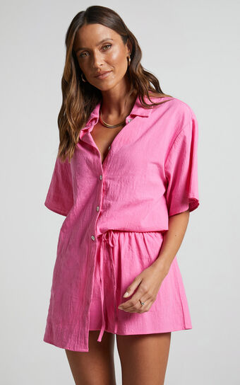Vina Del Mar Two Piece Set - Linen Look Shirt and Shorts Set in Hot Pink