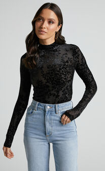 Laura Bodysuit - Longsleeve Velvet Burn Out Bodysuit in Black Floral