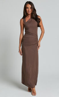 Lara Midi Dress - Asymmetrical Ruched Mesh Dress in Chocolate