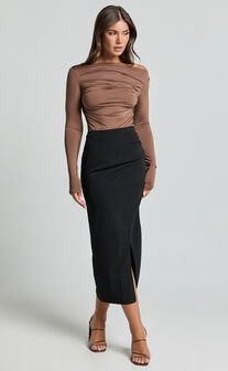 Fabia Top - Asymmetrical Off Shoulder Ruched Top in Mocha