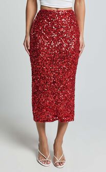 Hasley Midi Skirt - Sequin Bodycon Skirt in Red