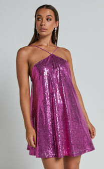 Eritha Mini Dress - Diamond Neck Slip Dress in Hot Pink