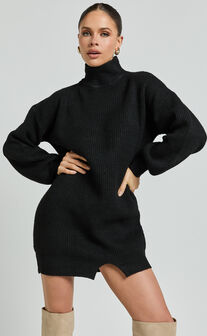 Tianna Mini Dress - Knitted Side Split Jumper Dress in Black