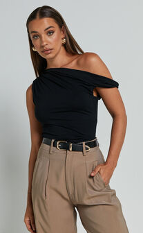 Jialeen Top - Off Shoulder Twist Asymmetrical Sleeve Top in Black