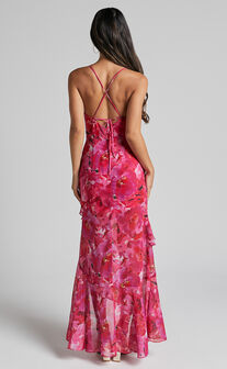 Isobella Midi Dress - Cowl Neck Cross Tie Back Asymmetrical Frill Detail in Pink