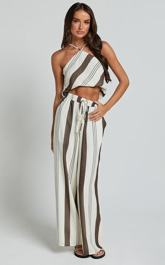 Zahara Pants - High Waisted Relaxed Wide Leg Pants in Choc Stripe