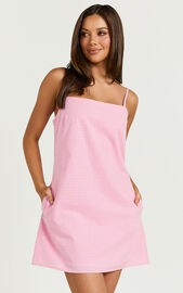 Mavie Mini Dress - Linen Strappy Shift Dress in Pink Gingham | Showpo
