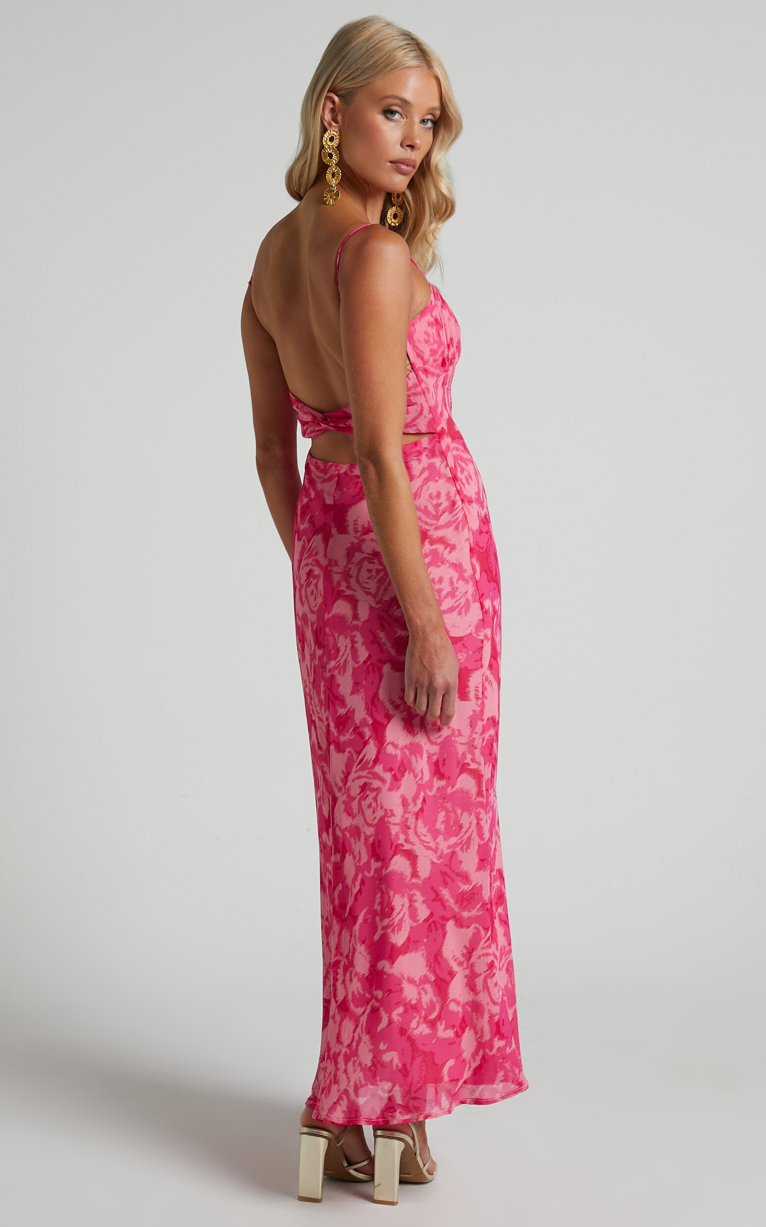 Veena Midi Dress Bustier Floral Slip Dress in Pink Floral