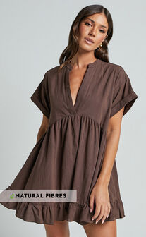 Calissa Mini Dress - Frill Hem Smock Dress in Chocolate