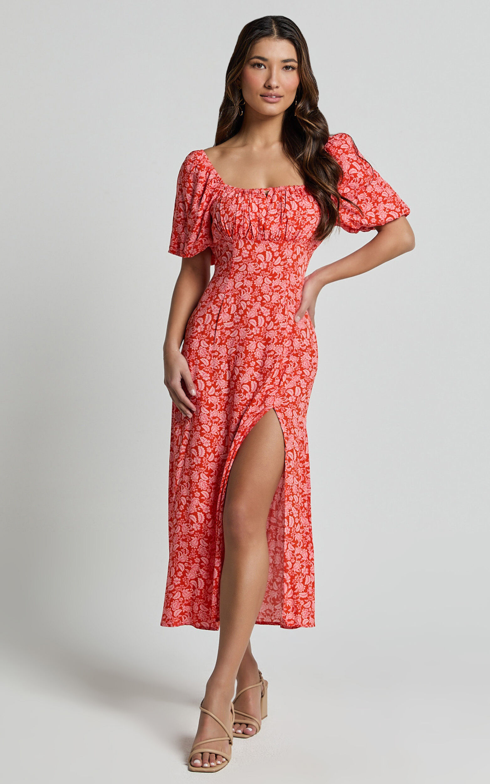 Caitlin Midi Dress - Puff Sleeve Thigh Split Dress in Orange - 06, ORG1