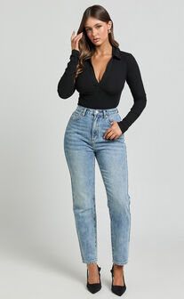 Amira Top - V Neck Long Sleeve Collared Bodysuit in Black