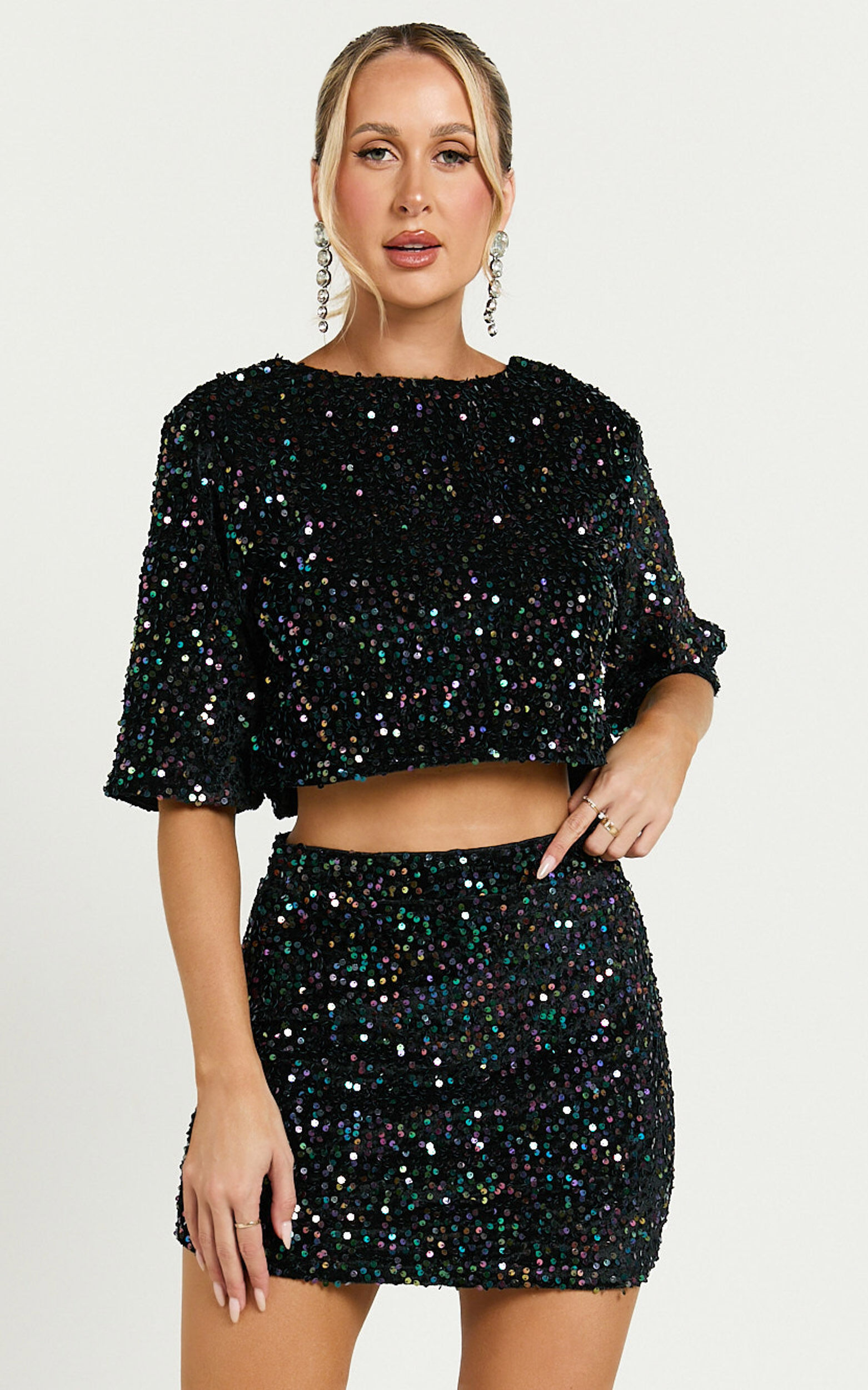 Reah Two Piece Set Tie Back Top and High Waisted Sequin Mini Skirt in Black Showpo USA