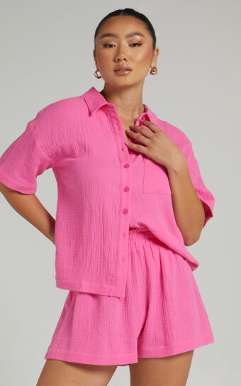 Donita Top - Button Up Shirt Top in Pink