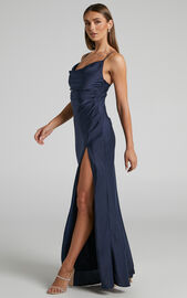Jewelle Midi Dress - High Split Cowl Neck Satin Dress in Navy | Showpo USA