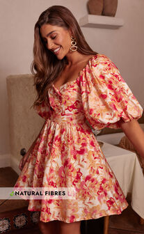 Amalie The Label - Penelopia Linen Blend Puff Sleeve Twist Bodice Mini Dress in Sienna Print