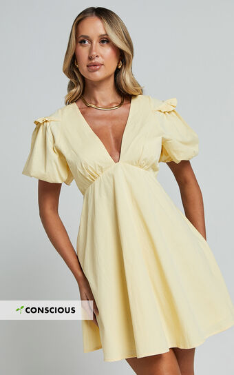 Dayana Mini Dress - V Neck Empire Waist Smock Dress in Lemon