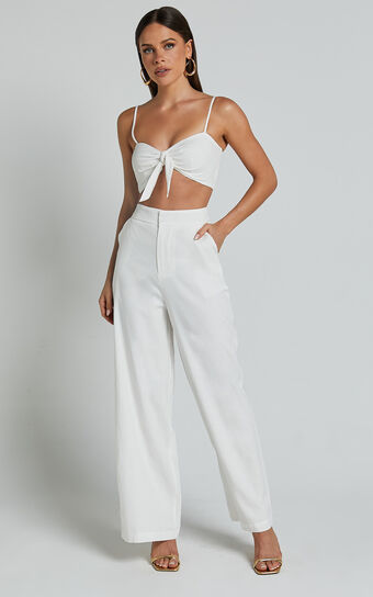Astria Two Piece Set - Linen Tie Top and High Waisted Wide Leg Pants Set in White