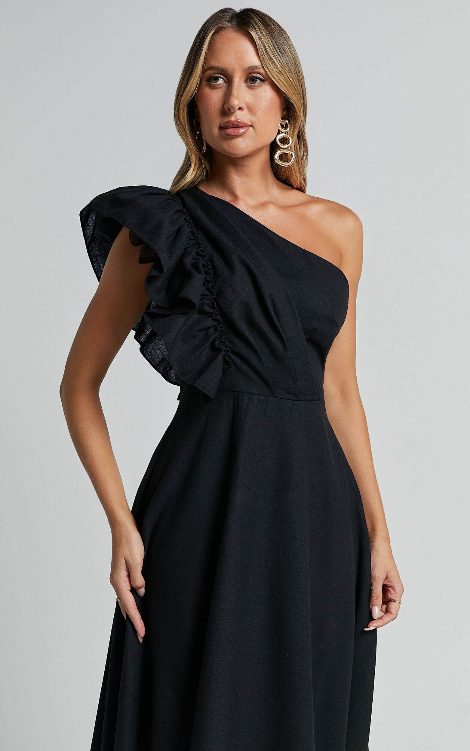 Dixie Midi Dress Linen Look One Shoulder Ruffle Dress in Black
