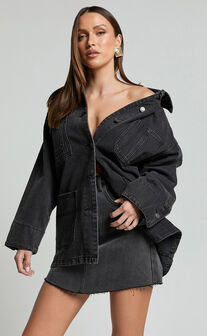 Harlow Jacket - Oversized Long Sleeve Denim Jacket in Black Wash