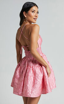 Clare Mini Dress - Bust Panel Jacqauard Full Skirt Dress in Pink