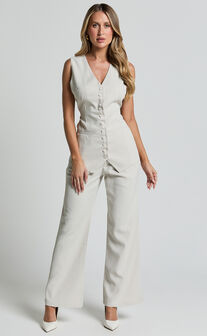 Gwyneth Vest - Button Up Longline Waistcoat in Stone