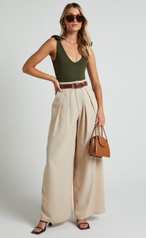 Ryley Bodysuit - V Neck Tie Up Bodysuit in Olive