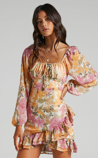 Grizela Mini Dress - Gathered Bust Long Sleeve Dress in Elegant Rose