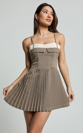 Aaron Mini Dress - Strappy Fit And Flare Pleat Skirt Dress in Light Brown