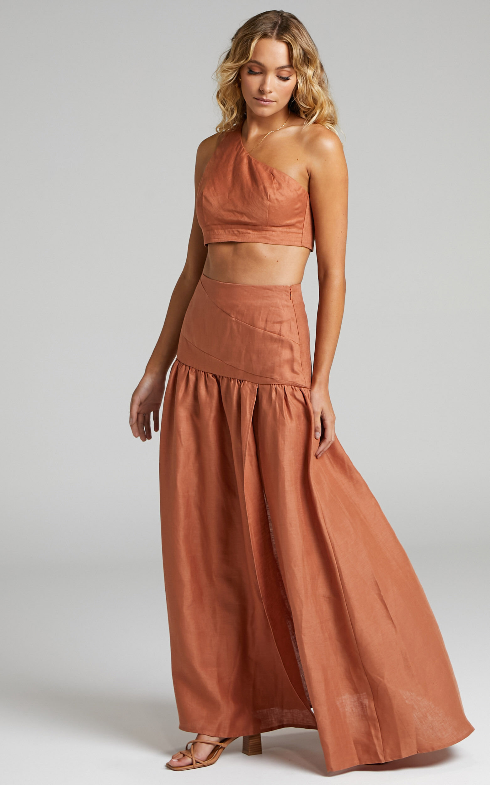 Amalie The Label Athena Linen Side Split Maxi Skirt in Rust Showpo