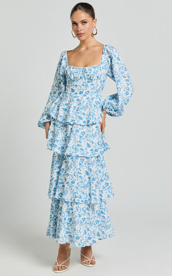 Wendy Midi Dress - Sweetheart Long Sleeve Layered Dress in Blue Floral