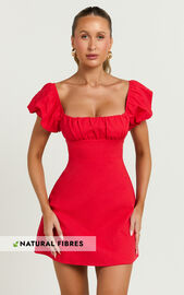 Ginny Mini Dress - Square Neck Ruched Bodice Puff Sleeve Straight Dress ...