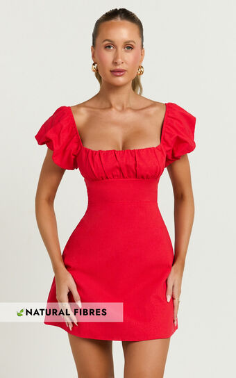 Ginny Mini Dress - Square Neck Ruched Bodice Puff Sleeve Straight Dress in Red