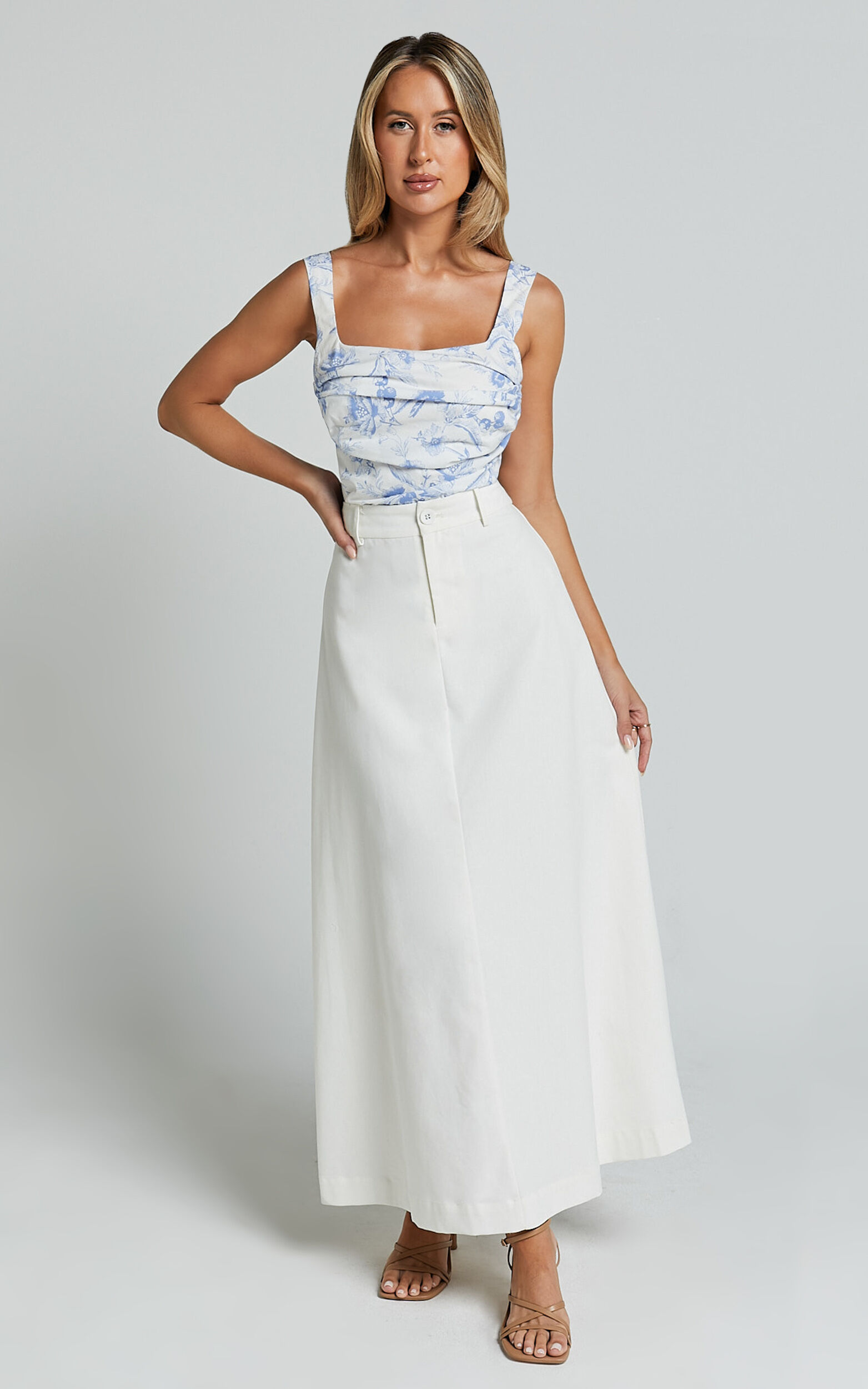 Dresden Top - Square Neck Ruched Bodice Corset Top in White and Blue Floral