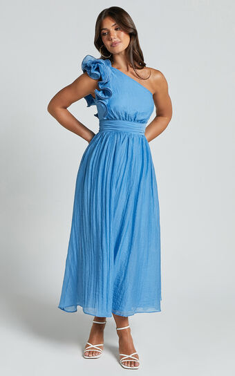 Dorothy Midi Dress - One Shoulder Frill Detail Fit and Flare Dress in Sky Blue