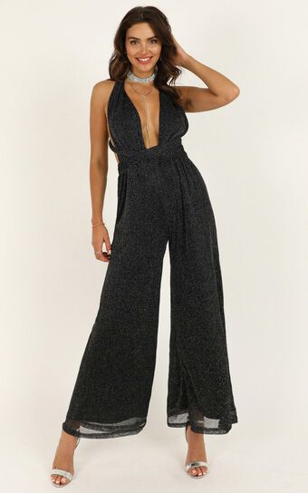 Stand Up For Me Jumpsuit In Black Lurex