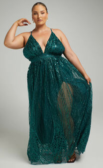 Paola Maxi Dress - Metallic Plunge Dress in Emerald
