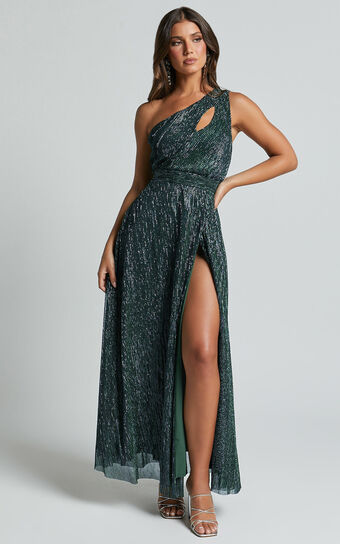 Isra Maxi Dress - Lurex Slit Cut Out One Shoulder Dress in Emerald