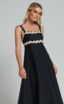 Wenalyn Midi Dress - Straight Neck Wave Detail A Line Dress in Black with Beige Contrast Trim
