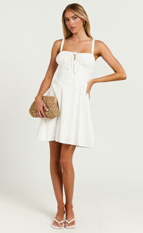 Maiya Mini Dress - Tie Front Fitted Bodice Dress in White