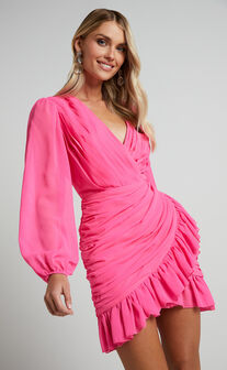 Can I Be Your Honey Mini Dress - Plunge Balloon Sleeve Dress in Hot Pink